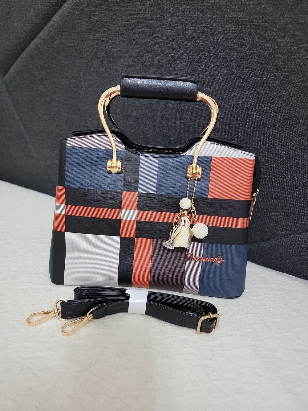 Danbaoly Checked Pattern Top-Handle Tote Bag with Gold Accents - Navy & Rust